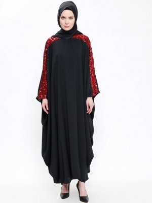 Filizzade Siyah Kırmızı Yarasa Kollu Elbise