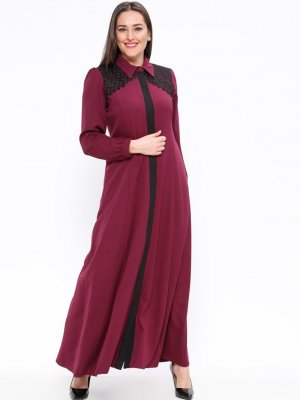 Sevilay Giyim Mürdüm Güpür Detaylı Boydan Düğmeli Elbise
