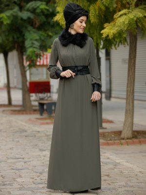 Rana Zenn Haki Deri Detaylı Efsun Elbise
