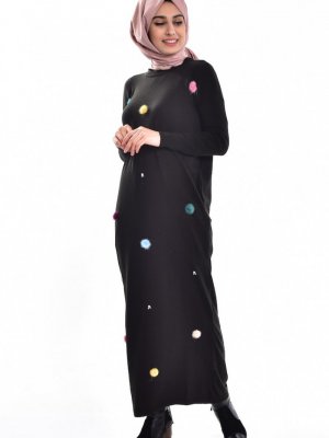 Sefamerve Siyah Triko Yarasa Kol Elbise