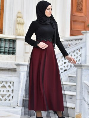Sefamerve Siyah Bordo Güpürlü Abiye Elbise