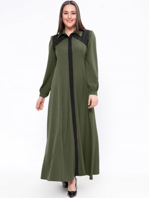 Sevilay Giyim Haki Güpür Detaylı Boydan Düğmeli Elbise