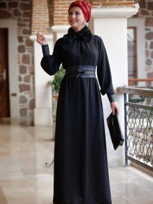 Rana Zenn Siyah Deri Detaylı Efsun Elbise