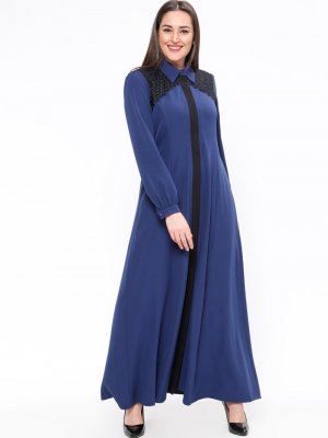 Sevilay Giyim İndigo Güpür Detaylı Boydan Düğmeli Elbise