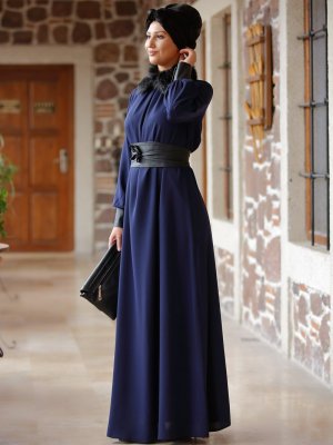 Rana Zenn Lacivert Deri Detaylı Efsun Elbise
