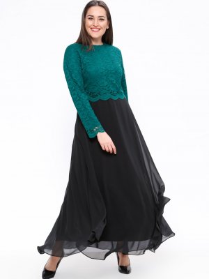 Sevilay Giyim Yeşil Siyah Dantelli Abiye Elbise
