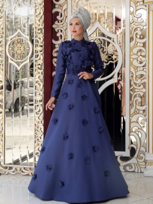 Selma Sarı Design Lacivert Lazer Kesimli Abiye Elbise