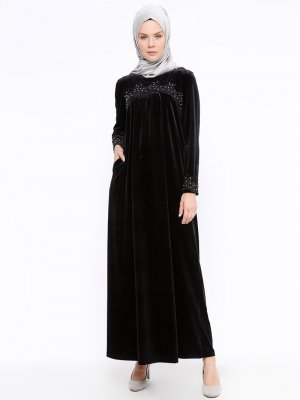 Ginezza Siyah Güpürlü Kadife Elbise