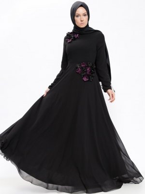Efkeyem Siyah Çiçekli Şifon Abiye Elbise