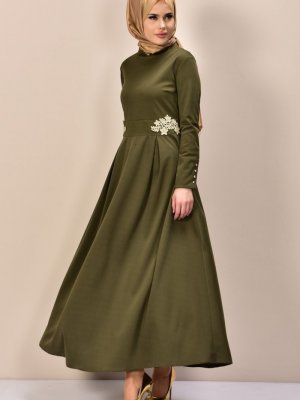Sefamerve Haki Yeşil Güpürlü Elbise