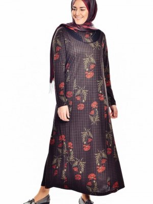 Sefamerve Kahverengi Büyük Beden Desenli Elbise