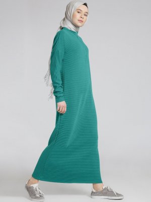 Benin Yeşil Kendinden Çizgili Elbise