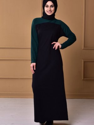 Sefamerve Siyah Zümrüt Yeşili Yarasa Kol İkil Renk Elbise
