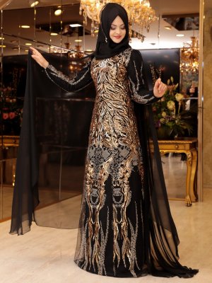 Pınar Şems Siyah Gold Revza Abiye Elbise
