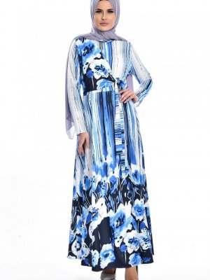 Sefamerve Mavi Dijital Baskılı Kuşaklı Elbise