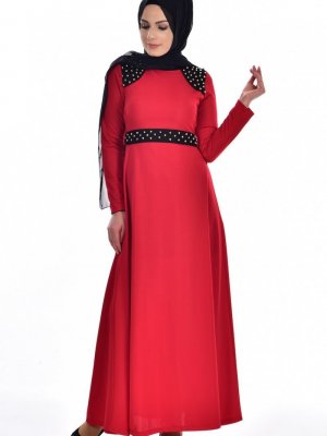 Sefamerve Kırmızı İncili Kuşaklı Elbise