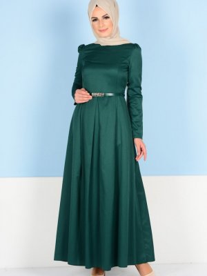 Sefamerve Zümrüt Yeşil Kemerli Elbise