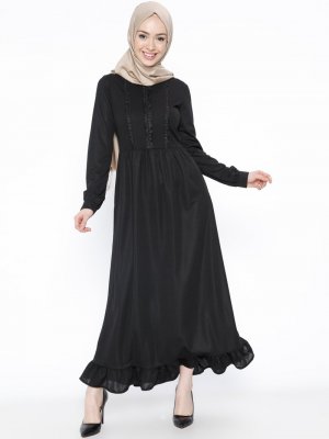 Laruj Siyah Güpür Detaylı Elbise