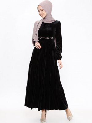 Loreen By Puane Siyah Nakışlı Kadife Elbise