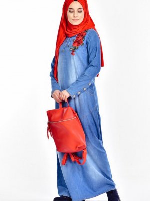 Sefamerve Mavi Nakışlı Kot Elbise
