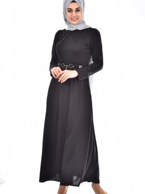 Sefamerve Siyah İncili Kemerli Elbise