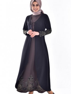 Sefamerve Siyah Haki Taş İşlemeli Elbise
