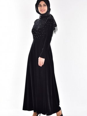 Sefamerve Siyah Taş Detaylı Kadife Elbise