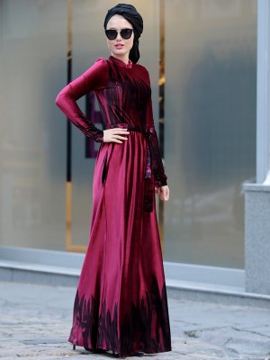 Selma Sarı Design Bordo Çizgi Desen Kadife Elbise