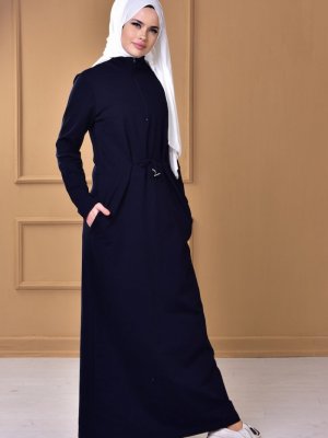 Sefamerve Lacivert Belden Büzgülü Elbise