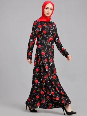Refka Siyah Doğal Kumaşlı Çiçekli Elbise