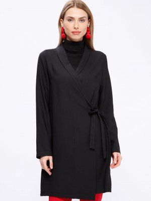 Fashion Light Siyah Bağcıklı Uzun Ceket