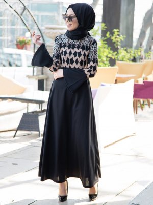İnşirah Siyah Vizon Desenli Elbise