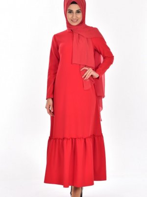Sefamerve Kırmızı Büzgülü Elbise