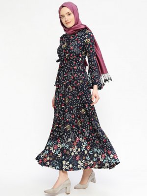 MODAONUR Lacivert Çiçek Desenli Elbise