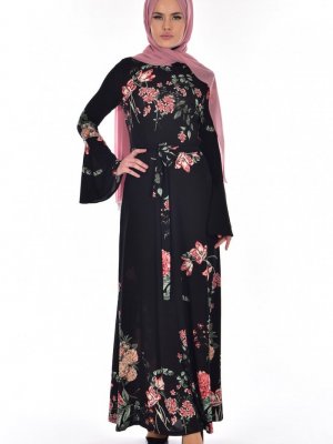 Sefamerve Siyah Somon Desenli Kuşaklı Elbise