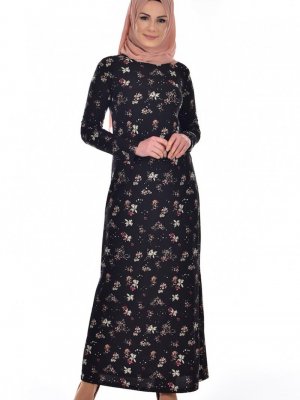 Sefamerve Siyah Çiçek Desenli Örme Krep Elbise