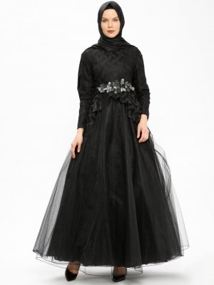 Nihan Siyah Çiçek Detaylı Abiye Elbise