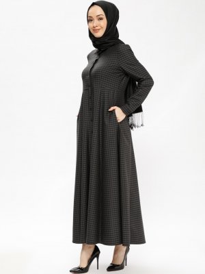 Mileny Siyah Boydan Düğmeli Kareli Elbise