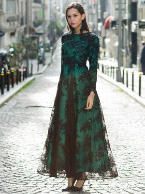 MODAYSA Siyah Yeşil Güpür Aplikli Dantel Abiye Elbise