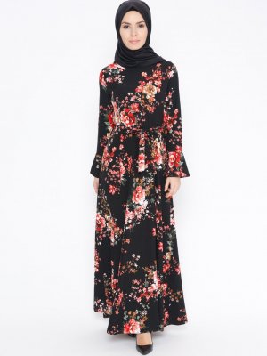 Zinet Siyah Çiçek Desenli Elbise