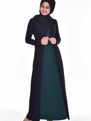 Sefamerve Siyah Zümrüt Yeşili Takım Görünümlü Elbise