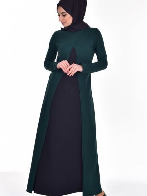 Sefamerve Zümrüt Yeşili Siyah Takım Görünümlü Elbise