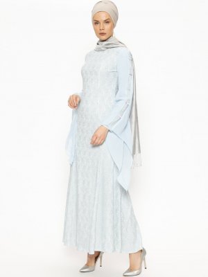 Butik Neşe Bebe Mavi Kolları Taş Detaylı Dantelli Abiye Elbise