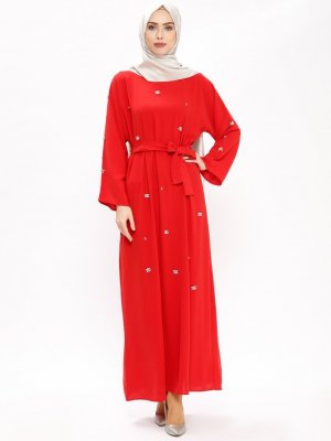 Tuncay Kırmızı Taş Detaylı Kuşaklı Elbise