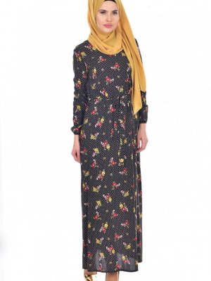 Sefamerve Çiçek Desenli Kuşaklı Elbise El00002b-02 Siyah Sarı