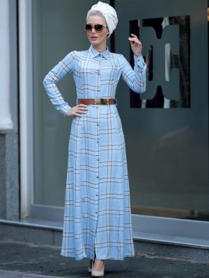 Selma Sarı Design Mavi Kemerli Ekose Elbise