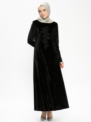 Sa&De Siyah Güpür Detaylı Kadife Elbise
