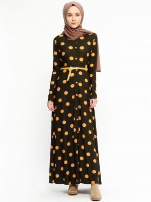 Dadali Haki Boydan Düğmeli Puantiyeli Elbise