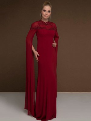 MODAYSA Kırmızı Güpür Aplikli Şifon Uzun Kollu Elbise