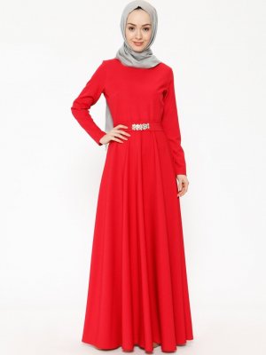 Ginezza Kırmızı Taş Süslemeli Elbise